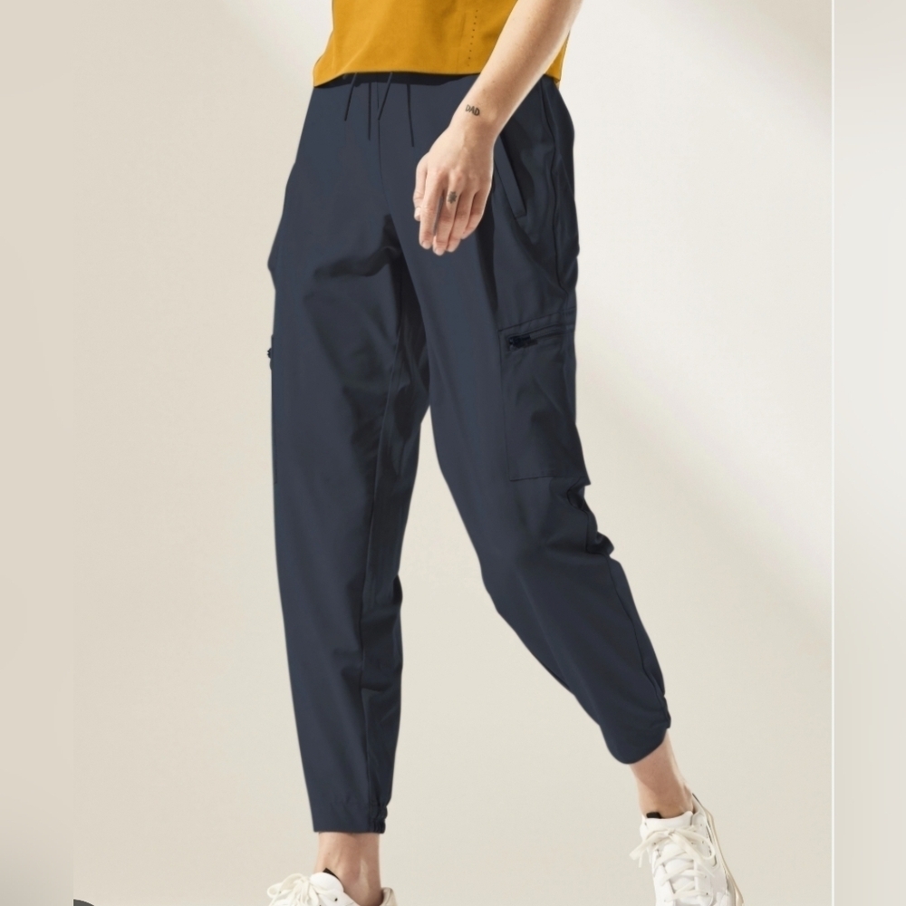 Athleta Venture Jogger Pants Deep Navy Blue Drawstring SZ 4 Cargo Pockets